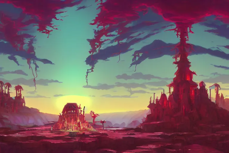 Image similar to cult ritualist citadel deep within the pits of hell. 4 k digital paint by studio ghibli hayao miyazaki. vivid colours, vaporwave lighting style, very sharp and detailed. trending on artstation and behance.