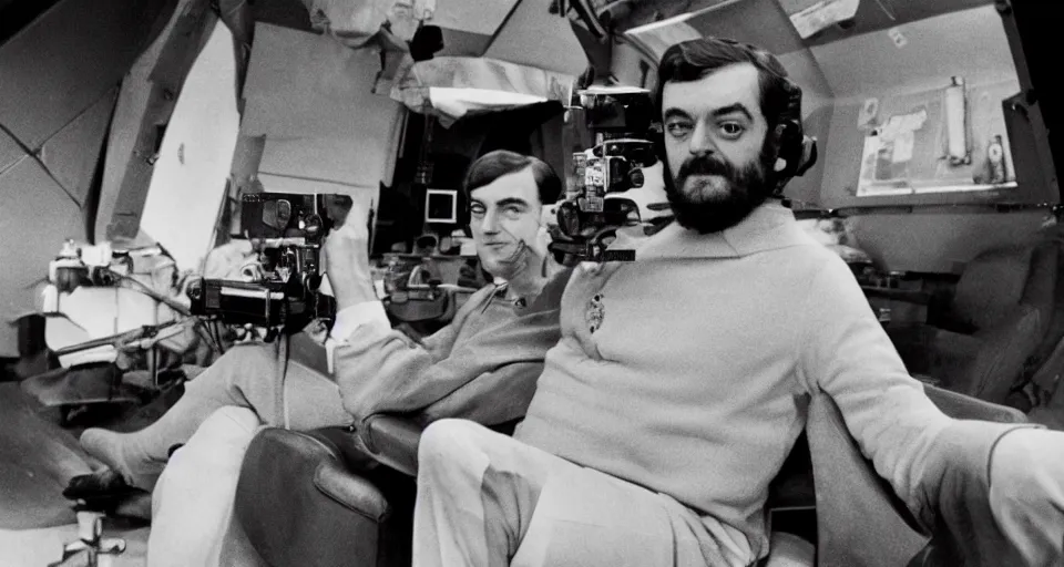 Prompt: a 1960s portrait photo of Stanley Kubrick on a movie set of the moon, 8K HD, old photo, highly detailed