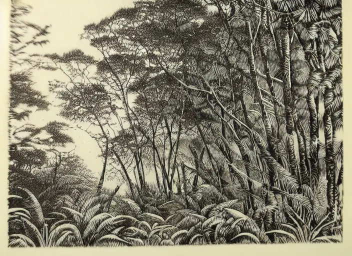 Image similar to a beautiful wood engraving on paper of the jungle