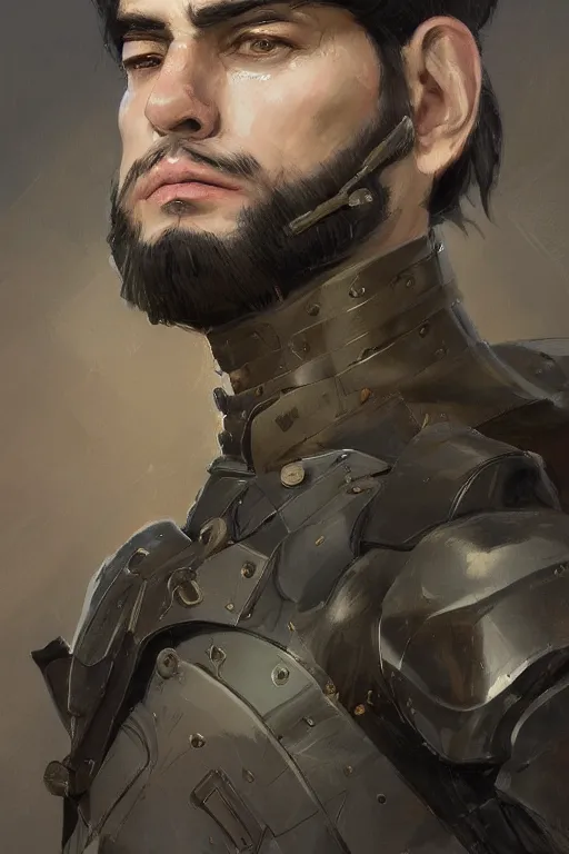 Image similar to a professionally painted portrait of John TotalBiscuit Bain, clothed in military armor, olive skin, long dark hair, beautiful bone structure, symmetrical facial features, intricate, elegant, digital painting, trending on Artstation, concept art, smooth, sharp focus, illustration, from Metal Gear by Ruan Jia and Mandy Jurgens and Artgerm and William-Adolphe Bouguerea, award winning