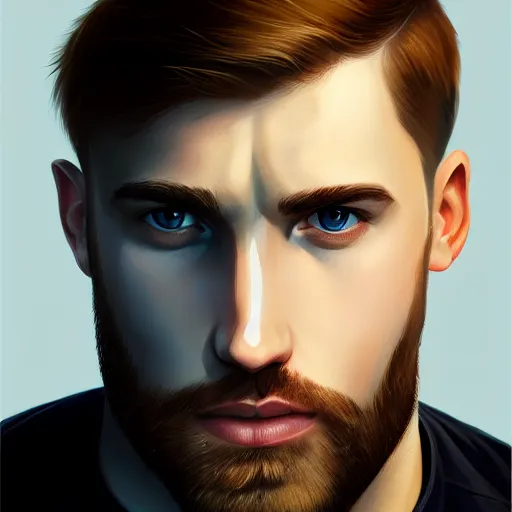 Prompt: tall chunky man in his twenties with brown blond short regular haircut and round facial structure with cleft chin, straight eyebrows, big grey blue eyes, small grinn, cheekbones, straight nose, wider face, shadow of beard, atmospheric lighting, painted, intricate, 4 k, highly detailed by charlie bowater