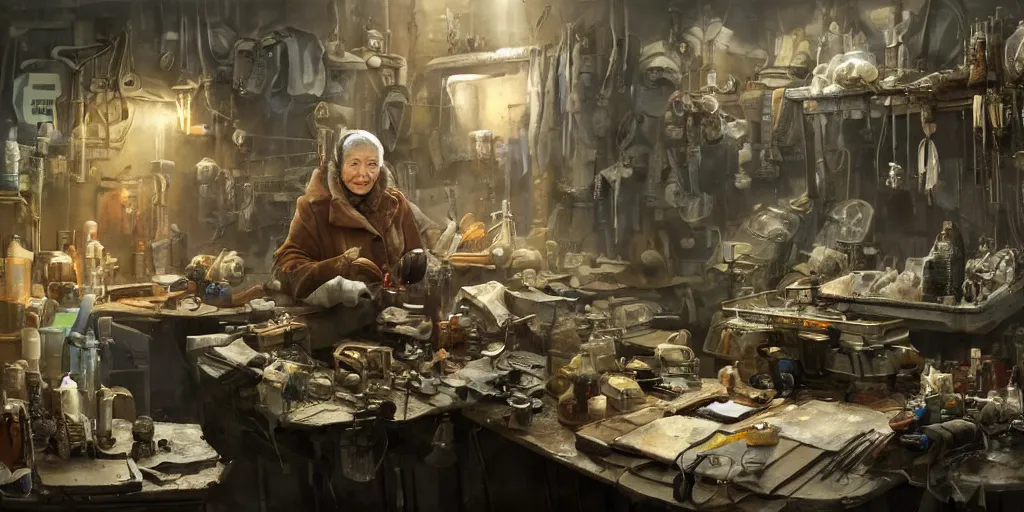 Image similar to an environmental concept art of an elderly russian woman cyberneticist in a cluttered workshop, surgical implements, surgery table, highly detailed, cinematic, dramatic, cyberpunk, dieselpunk, scifi space station, horror, bladerunner 2 0 4 9