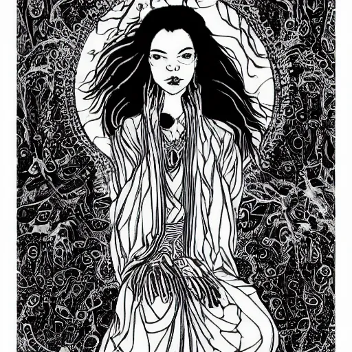 Image similar to black and white pen and ink!!!!!!! Suprani!!!!! sorcerer beautiful attractive long hair Anya Taylor-Joy wearing High Royal flower print robes flaming!!!! final form flowing ritual royal!!! Contemplative stance Vagabond!!!!!!!! floating magic witch!!!! glides through a beautiful!!!!!!! Camellia!!!! Tsubaki!!! death-flower!!!! battlefield behind!!!! dramatic esoteric!!!!!! Long hair flowing dancing illustrated in high detail!!!!!!!! by Hiroya Oku!!!!!!!!! graphic novel published on 2049 award winning!!!! full body portrait!!!!! action exposition manga panel black and white Shonen Jump issue by David Lynch eraserhead and beautiful line art Hirohiko Araki!! Frank Miller, Kentaro Miura!, Jojo's Bizzare Adventure!!!! 3 sequential art golden ratio technical perspective panels horizontal per page