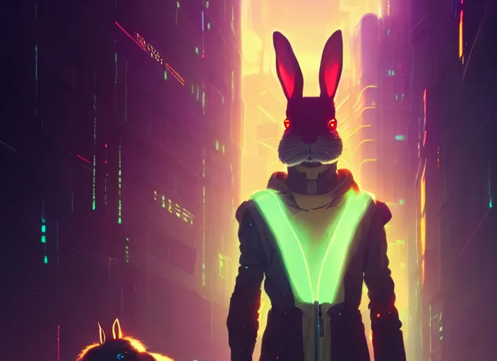 Prompt: cyberpunk rabbit wearing glowing robe, details, futuristic, epic, destroyed city, landscape illustration concept art anime key visual trending pixiv fanbox by wlop and greg rutkowski and makoto shinkai and studio ghibli and kyoto animation symmetrical facial features
