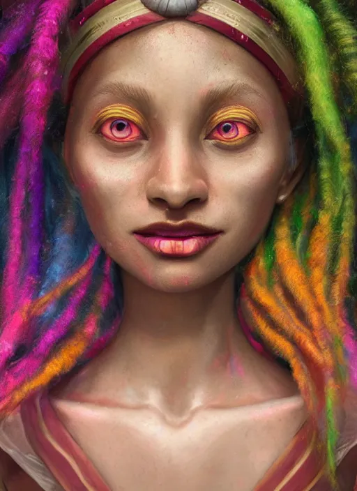 Image similar to an anthropomorphic beautiful smiling goddess female wizard portrait playing poi wearing colourful robe, dreadlock breed hair, fine art, award winning, intricate, elegant, sharp focus, octane render, hyperrealistic, cinematic lighting, highly detailed, digital painting, 8 k concept art, art by jamie hewlett masterpiece, trending on artstation, 8 k