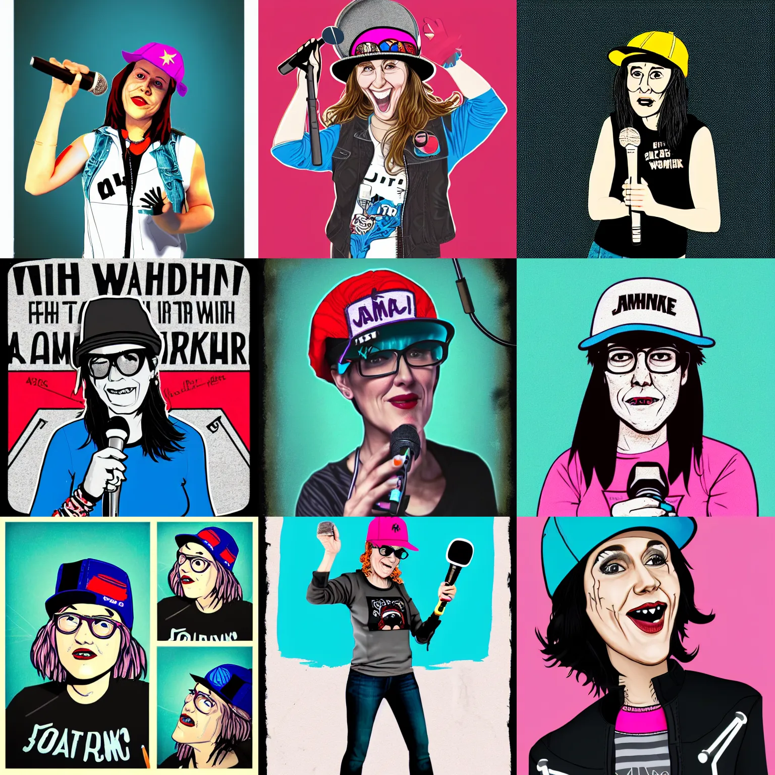 Prompt: a 3 8 year old woman with skatepunk style and flatbrim hat holding a microphone in her right hand, a character portrait by jane freilicher, tumblr contest winner, lowbrow, adafruit, lighthearted, contest winner