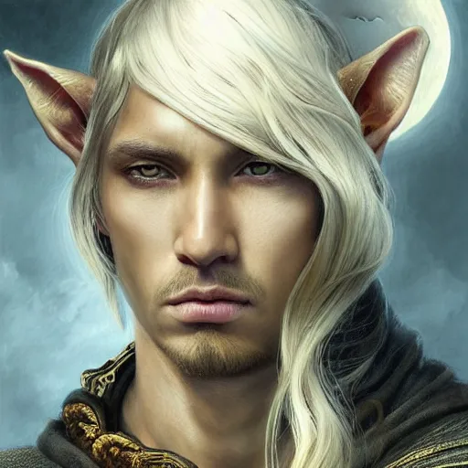 Image similar to in frame painting of an elven man with asian cat eyes with blond shiny moon hair, ultra realistic, concept art, intricate details, eerie, haunting, highly detailed, photorealistic, octane render, 8 k, unreal engine. art by artgerm and greg rutkowski and charlie bowater and magali villeneuve and alphonse mucha