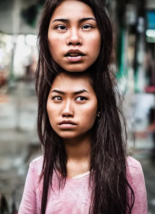 Prompt: Mid-shot portrait of a very beautiful 20-years-old woman from Indonesia, with long hair, candid street portrait in the style of Martin Schoeller award winning, Sony a7R