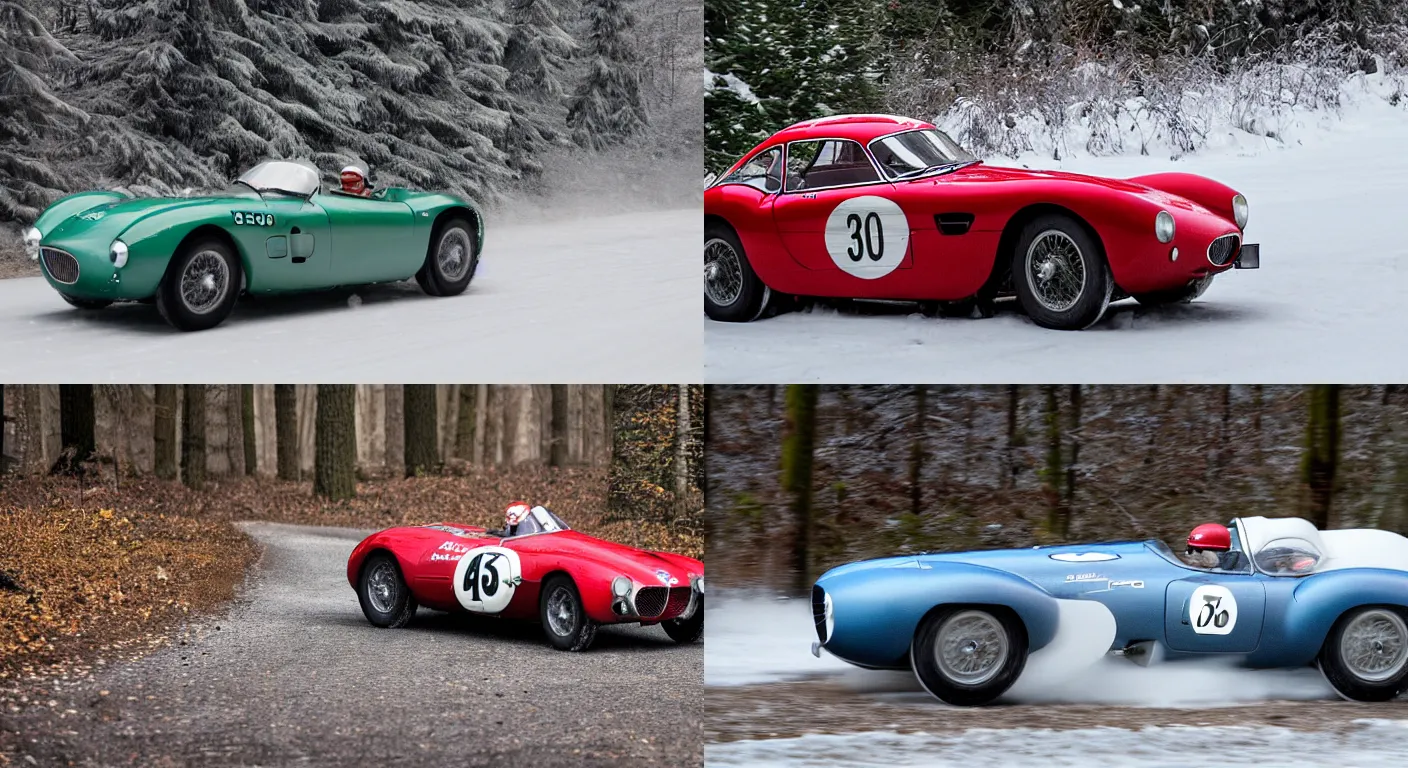 Prompt: a 1 9 5 7 maserati 3 0 0 s, racing through a rally stage in a snowy forest