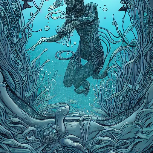 Image similar to metallic ethereal underwater paradise in the style of moebius, james jean, mcbess!!!, cinematic, highly detailed, award winning, 8 k photorealistic