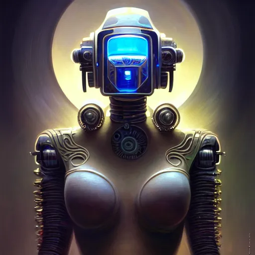 Image similar to front shot of a cyberpunk gazmask robot character, intricate, elegant, highly detailed, centered, digital painting, artstation, concept art, smooth, sharp focus, illustration, artgerm, Tomasz Alen Kopera, Peter Mohrbacher, donato giancola, Joseph Christian Leyendecker, WLOP, Boris Vallejo