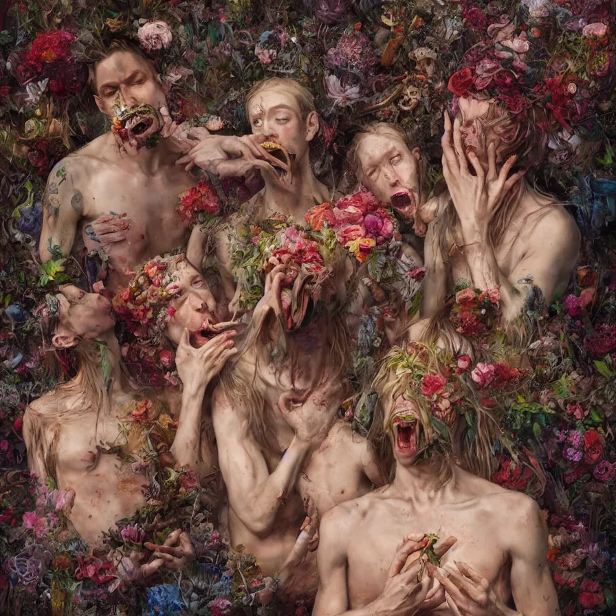 Image similar to male portrait of anorexic family eating rotten flesh and puking blood wearing a thong, surrounded by flowers by karol bak, james jean, tom bagshaw, rococo, trending on artstation, cinematic lighting, hyper realism, dramatic, emotional, octane render, 8 k, hyper detailed.