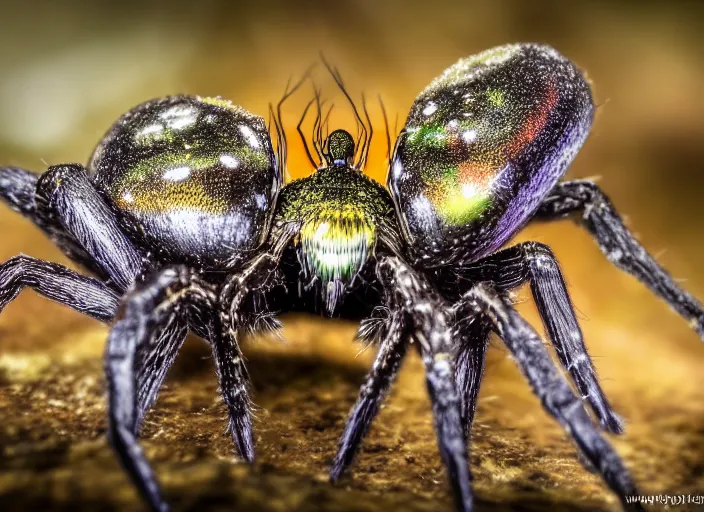 Image similar to super macro of a crystal spider with big eyes sitting on a flower, in the forest. fantasy magic style. highly detailed 8 k. intricate. nikon d 8 5 0 3 0 0 mm. award winning photography.