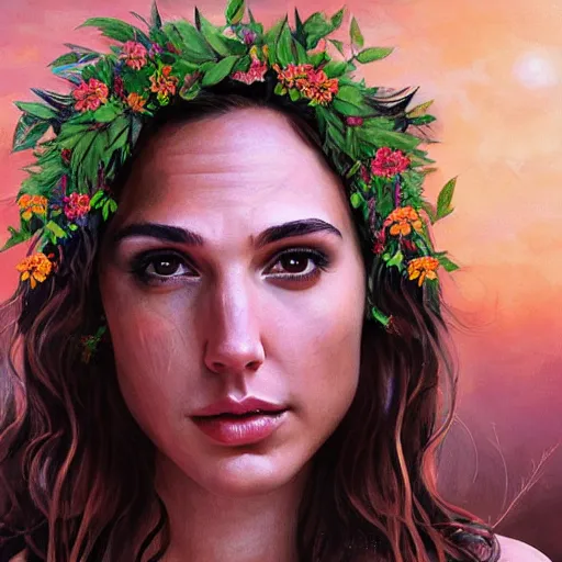 Image similar to Portrait of the beautiful woman Gal Gadot, she is a forest nymph, she is posing, she has a crown of flowers, she is sitting on an ancient forest, there is fog and lots of extravagant leafs, she is getting ulluminated by the rays of the sunset, the photo was taking by Steve McCurry, matte painting, oil painting, naturalism, 4k, 8k