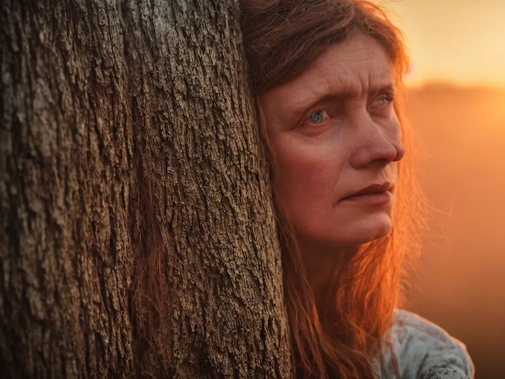 Image similar to close up portrait bust of woman sitting on fence, tired expression, faded color film, russian cinema, tarkovsky, technicolor, heavy forest, wood cabin in distance, shallow depth of field, long brown hair, old clothing, heavy fog, brown color palette, sunset, low light, hudson river school, 4 k, dramatic lighting