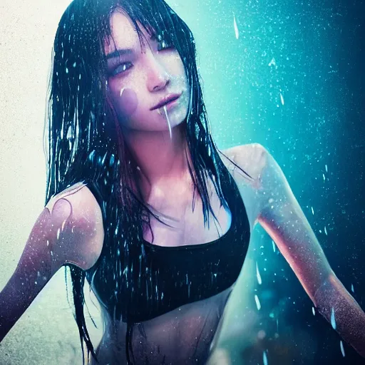 Prompt: A Stunning portrait of sexy teen girl in a wet t-shirt with anime graphic printed on, art by Ross tran, vivid color palette, digital painting, 3D, octane render, post process in Photoshop, highly detailed, particles, light effect, volumetric lighting