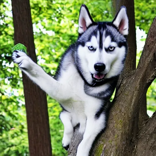 Prompt: husky stuck in an extremely tall tree