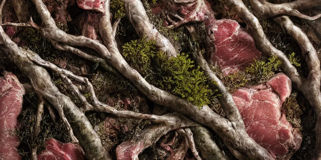 Prompt: details of flesh and skin, meat and lichens, skin texture details, painitng, muscle tissues, branches and twigs, oil on canvas, 4k, 8K, photorealistic, soft spot light, cinematic lighting, sharp focus, hyperrealistic painting