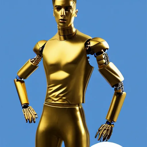 Image similar to a realistic detailed photo of a guy who is an attractive humanoid who is half robot and half humanoid, who is a male android, attractive and handsome soccer players, shiny skin, posing like a statue, blank stare, in a factory, on display, showing off his muscles, gold soccer shorts, side view, looking at each other mindlessly