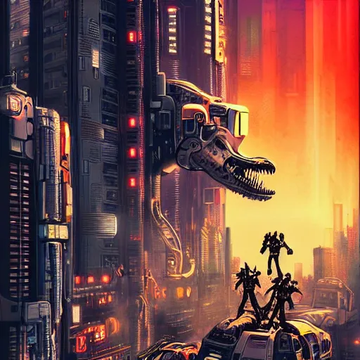 Image similar to beautiful detailed movie poster, urban gang of robot mecha dinosaurs, cyberpunk, city, crime, dystopian