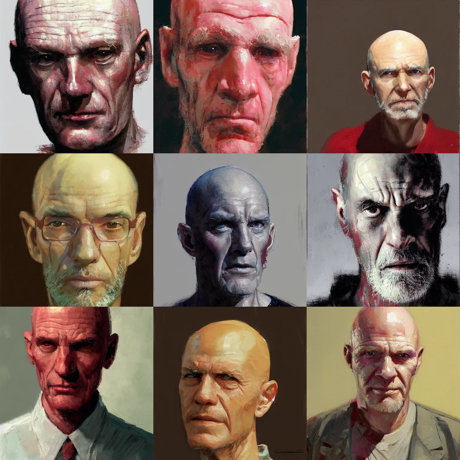 Prompt: full head portrait of a slender old white man, bald, stern, stubble. red stripe on head. 50mm, painting by ((Craig Mullins)), by !!Moebius!!,