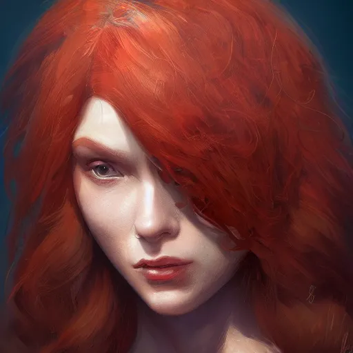 Prompt: head and shoulders, red head female thief, by june jenssen and anna podedworna, artstation