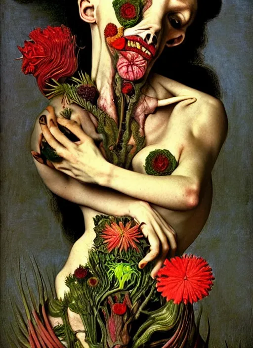 Image similar to beautiful rotten woman morphing into plants and many different types of beautiful flowers, muscles, organs, surreal, miguel angel, gustave courbet, caravaggio, romero ressendi, gunther von hagens