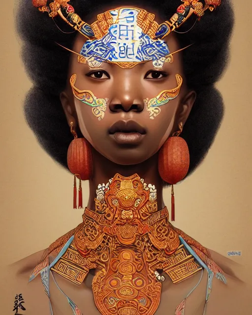 Image similar to portrait of a afro goddess, machine face, upper body, decorated with chinese opera motifs, asian, traditional chinese art, intricate, elegant, highly detailed, digital painting, artstation, concept art, smooth, sharp focus, illustration, art by artgerm and greg rutkowski and alphonse mucha, 8 k