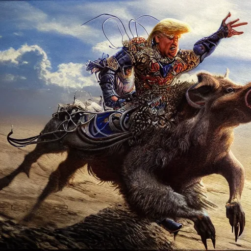 Image similar to hyperrealistic mixed media painting of Trump riding a Boar, stunning 3d render inspired art by P. Craig Russell and Barry Windsor-Smith, 8k octane beautifully detailed render, post-processing, extremely hyperdetailed, intricate, epic composition, grim yet sparkling atmosphere, cinematic lighting + masterpiece, trending on artstation, very detailed, masterpiece, stunning