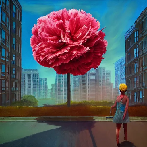 Image similar to giant carnation flower head, woman walking between luxury apartments, surreal photography, sunlight, impressionist painting, digital painting, artstation, simon stalenhag