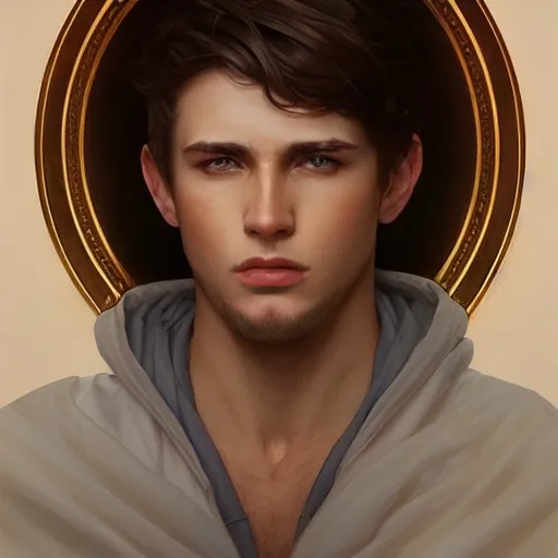 Image similar to ultra realistic illustration, a young man in a white hood, with brown hair, with blue eyes, intricate, elegant, highly detailed, digital painting, artstation, concept art, smooth, sharp focus, illustration, art by artgerm and greg rutkowski and alphonse mucha