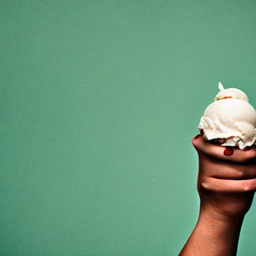 Prompt: a detailed photograph of a levitating ice cream cone that looks like a rotten tooth