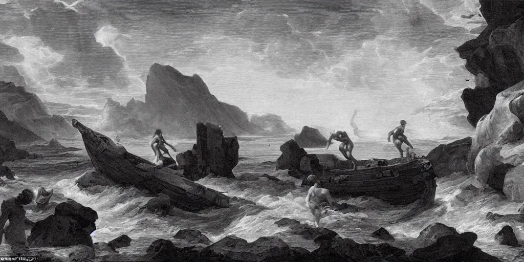 Prompt: A wooden shipwreck in a cove, waves washing over rocks and the feet of shirtless muscular sailors, a philosopher raises his hands and prays, black and white Renaissance engraving by Benjamin Smith after a painting by George Romney