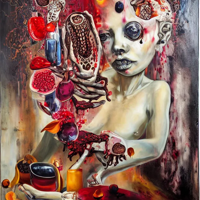 Prompt: apartment of an art student, portrait of a woman holding a brain, mangosteen, honey dripping, berries dripping juice, pancakes, pomegranate, bones, sensual, computer chips, berries, octopus, scientific glassware, neo - expressionism, surrealism, acrylic and spray paint and oilstick on canvas