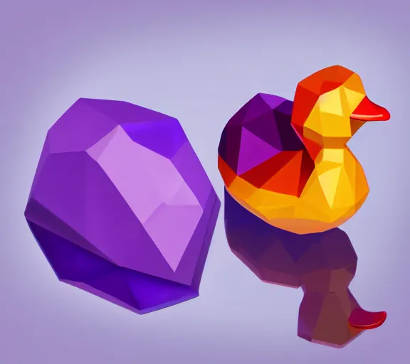 Image similar to shiny gemstone in the shape of a low - poly rubber duck floating in a pool of purple perfume, photorealism, mystical, enigmatic, digital oil painting, trending on artstation