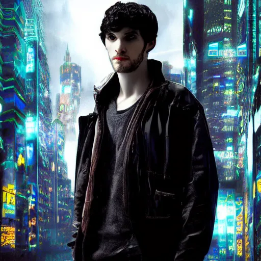 Image similar to Colin Morgan as Cyberpunk Merlin