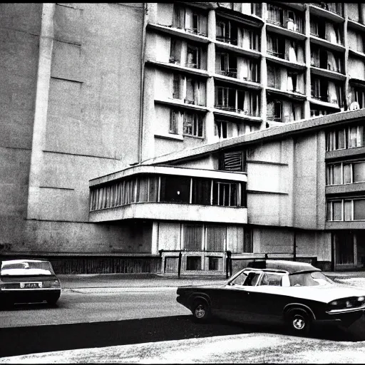 Image similar to 1971 England, Soviet England, brutalist buildings, cinematic