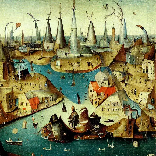 Image similar to Stunning and highly detailed painting of Port Rhu by Hieronymus Bosch