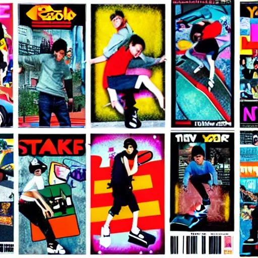 Image similar to y 2 k videogame poster ad scan, collage art, collage of people skating, street wear 2 0 0 0 s y 2 k magazine