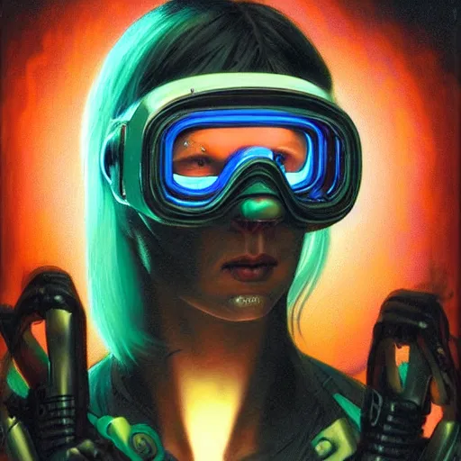 Image similar to portrait of a cyberpunk woman with glowing goggles, by gerald brom