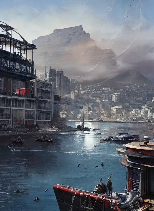 Prompt: hyper realistic robot attacking cape town city harbor beautiful details, strong composition, poster painted by greg rutkowski, james gurney and greg rutkowski weta studio, and lucasfilm and best of artstation