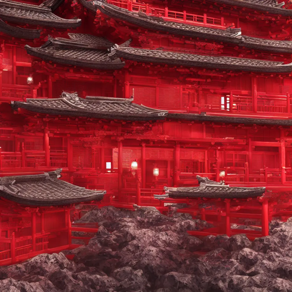 Prompt: A red ancient Japanese architectural building under the sea, 8k, very high detailed, cinematic, octane render, intricate