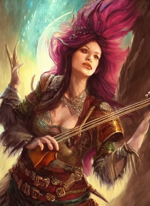 Image similar to female bard playing guitar, ultra detailed fantasy, dndbeyond, bright, colourful, realistic, dnd character portrait, full body, pathfinder, pinterest, art by ralph horsley, dnd, rpg, lotr game design fanart by concept art, behance hd, artstation, deviantart, hdr render in unreal engine 5