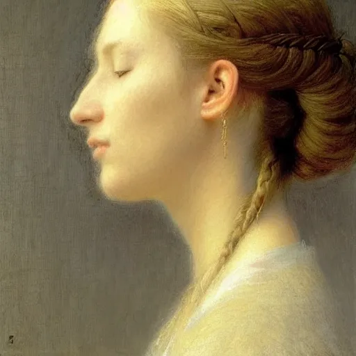 Prompt: woman, braided hairstyle, blonde, profile view, eyes closed, white shirt, earpods, henri fantin - latour, serge marshennikov