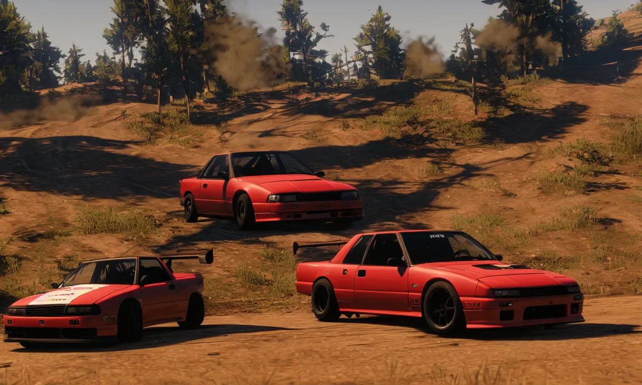 Prompt: a photo of a nissan s 1 3 drifting in red dead redemption 2
