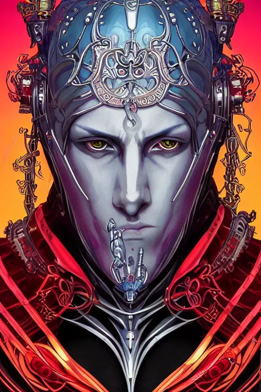 Prompt: a stunning and hypnotic full-color art nouveau and cyberpunk styled bust portrait of elric as a godlike and stoic chaos king, with violent conquering red eyes, extremely detailed aquiline facial structure, art nouveau cybernetic armor and an intricately detailed black sword of magical power, perfectly symmetrical albino facial structure and linework, handsome alien facial characteristics, by travis charesyt, michael kaluta, michael whelan and bill sienkiewicz, dark sci-fantasy, deep complexity, male face and bust, sci-fi character concept, photorealism, art nouveau framing, stunning lighting, hyperrealism, 8k