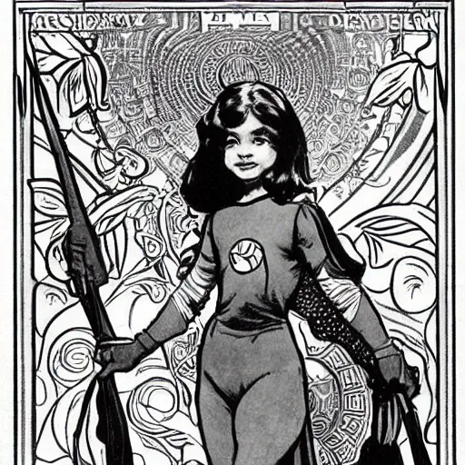 Image similar to a little girl with a mischievous face and short wavy curly brown hair. she is dressed as a knight. well composed, clean elegant painting, beautiful detailed face. comic book art by steve ditko and jack kirby and alphonse mucha