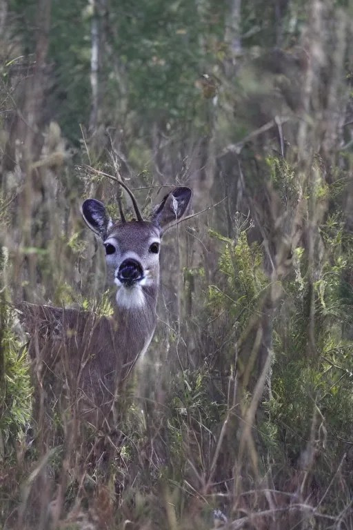 Image similar to a close up of a white - eyed deer, background of a landscape misty forest scene, the sun glistening through the trees