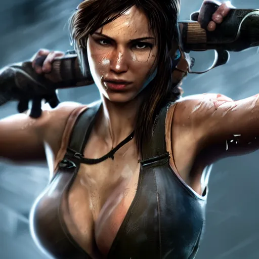 Image similar to Lara croft as spiderwoman,face wet, heavy rain ,dramatic, intricate, highly detailed, concept art, smooth, sharp focus, illustration, Unreal Engine 5, 8K