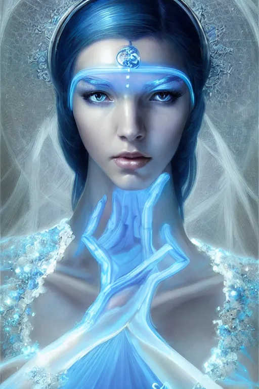 Image similar to beautiful woman wearing blue transparent clothes, glowing eyes, silver headband, blue glowing diamond in the hands, high elf priestess, sci-fi, fantasy, intricate, very very beautiful, elegant, highly detailed, digital painting, artstation, concept art, smooth, sharp focus, illustration, art by artgerm and greg rutkowski and alphonse mucha